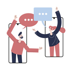 Flat style. people communicate online using a smartphone. Social News. Internet chat. Man with speech bubbles.  Business deal. 