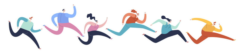 Fototapeta premium Marathon Race. Outdoor Activities Concept. Sportsmen and Sportswomen Run Marathon. Group of People Running Marathon Distance in Raw. Jogging Competition. Cartoon Flat Vector Illustration