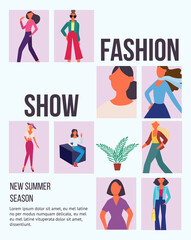 Fashion show poster or banner template with women, flat vector illustration.