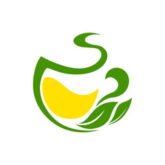 Tea with lemon isolated creative logo. Vector herbal hot drink with citrus fruit and garden herbs