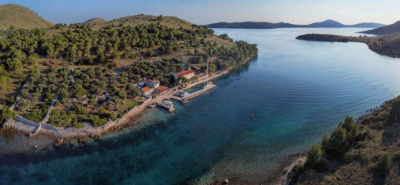 Panoramic aerial view of Telascica Nature park with Kornati islands and strait of Mala Proversa, Croatia