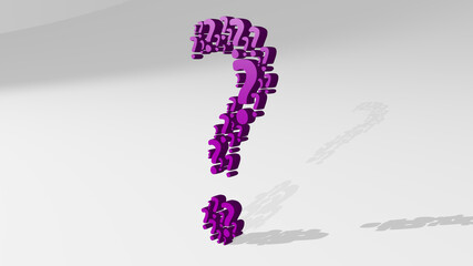 QUESTION MARK BY SIGNS from a perspective with the shadow. A thick sculpture made of metallic materials of 3D rendering. illustration and concept