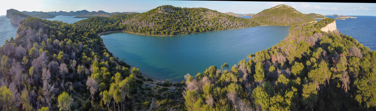 Panoramic aerial view of beautiful salt lake Mir in Telascica Nature Park, Dalmatia, Croatia