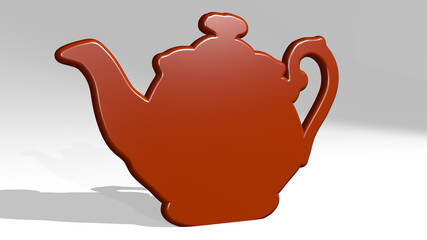 TEAPOT from a perspective with the shadow. A thick sculpture made of metallic materials of 3D rendering. background and illustration