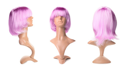 Mannequin with bright female wig on white background. Front, side and back view