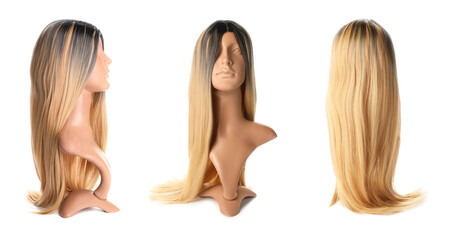 Mannequin with female wig on white background. Front, side and back view