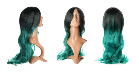 Mannequin with bright female wig on white background. Front, side and back view