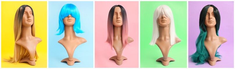 Mannequins with different female wigs on colorful background - obrazy, fototapety, plakaty
