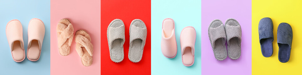 Pair of soft slippers on color background - obrazy, fototapety, plakaty