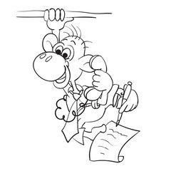 a sketch of a monkey that hangs on one hand holding on to a branch, in the other hand holds the telephone receiver, with its feet holds the sheet and pen for signature, ,