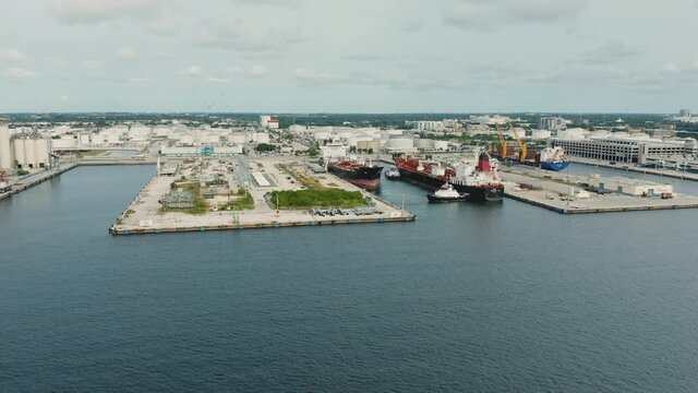 Aerial view of Port Everglades in Fort Lauderdale, Florida. Oil refinery and industrial zone in background