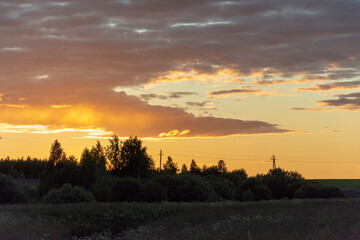 Morning village landscape, Golden sunset over the forest.