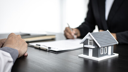 Female salesman is negotiating a home transaction with a male client in the office.