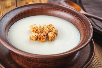 Bowl of Potato Soup with Croutons
