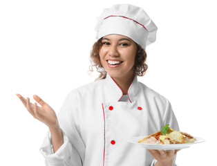 Female African-American chef with tasty dish on white background