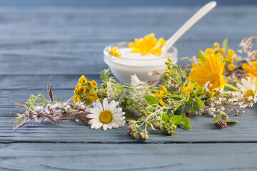 natural cosmetics from herbal ingredients on  blue background