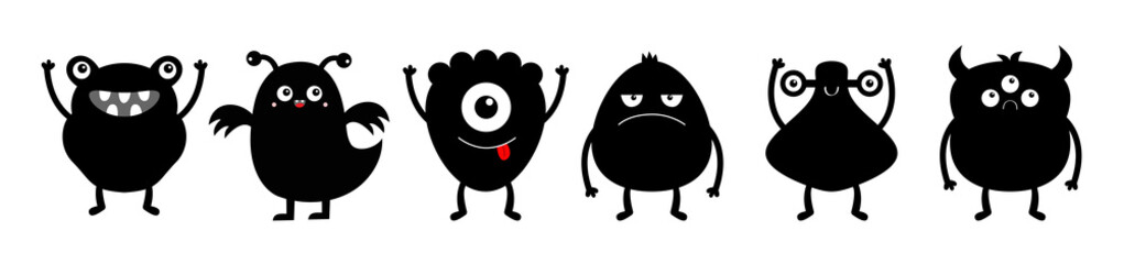 Happy Halloween. Monster black silhouette icon set line. Eyes, horns, hands up, tongue. Six cute cartoon kawaii sad character. Funny baby collection. Isolated. White background. Flat design.