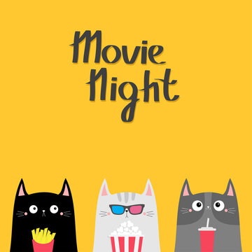 Movie night. Cat set. Popcorn, soda, french fries. Cinema theater. Cute cartoon funny character. Film show. Kitten in 3D glasses. Kids print for notebook cover. Yellow background. Flat design