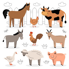 Farm animals on a white background. Collection of cartoon cute baby animals and birds. Cow, sheep, goat, horse, donkey, pig, chicken, rooster, goose. Flat vector illustration isolated.