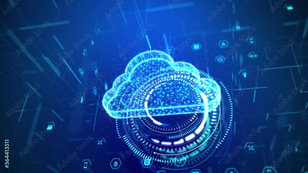 Poster 3d rendering cloud computer with hologram and hud head up display interface element, for cyber and f