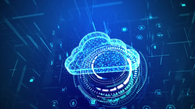 3D Rendering cloud computer with hologram and HUD head up display interface element, for cyber and futuristic concept with dark and grain processed