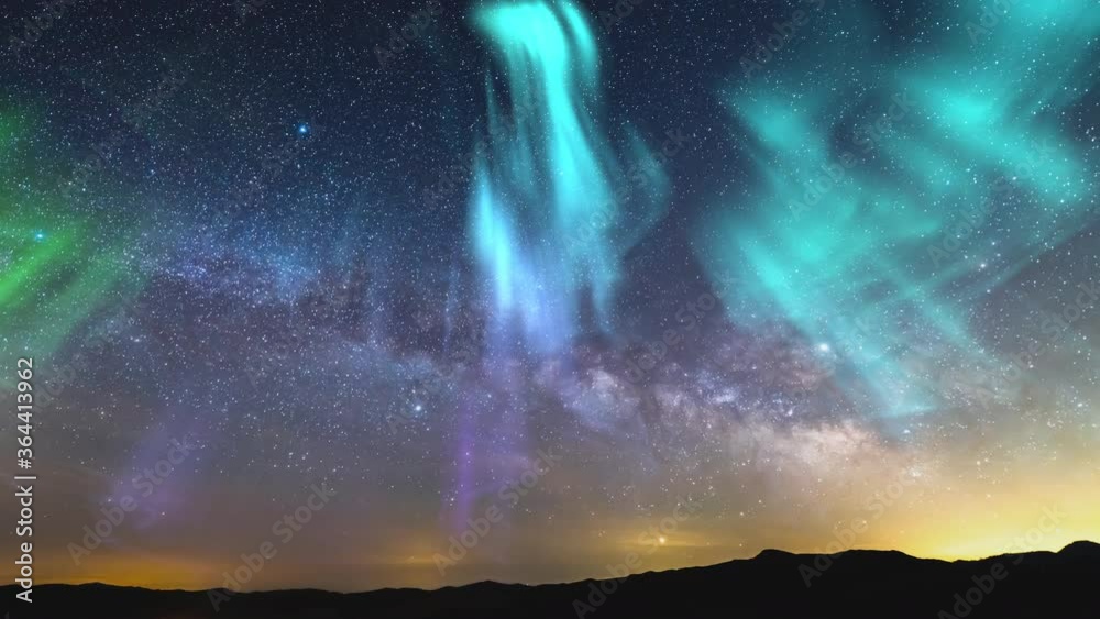 Wall mural aurora milky way time lapse southeast sky mountain peaks wide simulated northern lights