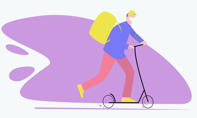 COVID-19. Quarantine in the city. Coronavirus epidemic. Delivery man in a protective mask carries food on a motorbike. Free shipping