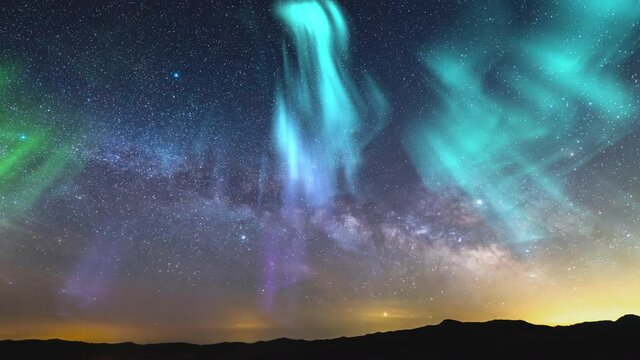 Aurora Milky Way Time Lapse Southeast Sky Mountain Peaks Wide Simulated Northern Lights