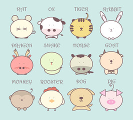 Obraz premium Animals Chinese zodiac signs. Set of hand drawn vector isolated on light blue background