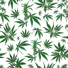 Naklejka na ściany i meble Vector marijuana hemp leaves with seeds seamless pattern background
