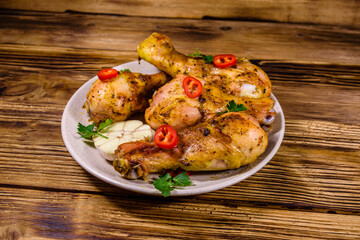 Baked chicken legs with parsley, garlic and sliced red hot pepper in a plate
