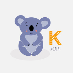 Card with the letter, the name of the animal and the image of a cute koala. Vector illustration
