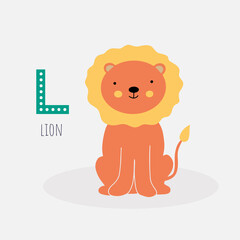 Card with the letter, the name of the animal and the image of a cute lion. Vector illustration