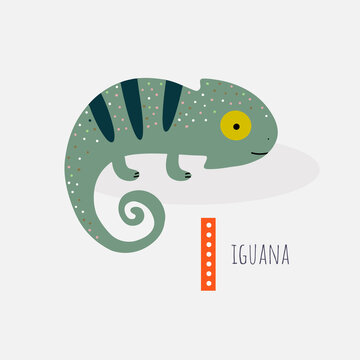 Card with the letter, the name of the animal and the image of a cute iguana. Vector illustration