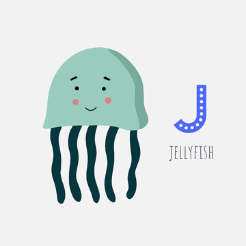 Card with the letter, the name of the animal and the image of a cute jellyfish. Vector illustration