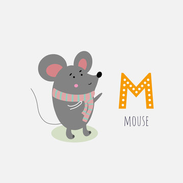 Card with the letter, the name of the animal and the image of a cute mouse. Vector illustration