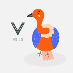 Card with the letter, the name of the animal and the image of a cute vulture. Vector illustration