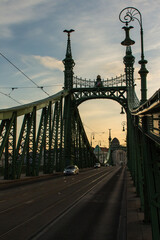View of the Elizabeth Bridge in Budapest at sunset. Hungary