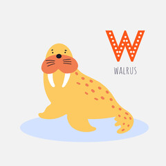 Card with the letter, the name of the animal and the image of a cute walrus. Vector illustration