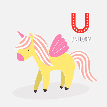 Card with the letter, the name of the animal and the image of a cute unicorn. Vector illustration
