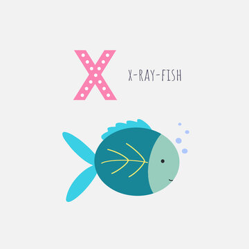 Card with the letter, the name of the animal and the image of a cute fish. Vector illustration