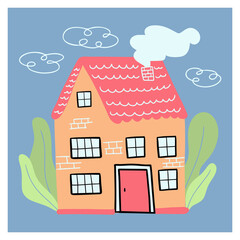 A flat-style cottage with Windows, smoke from the chimney, a tiled roof and large leaves and clouds on the background. Vector illustration. Poster or illustration for your design.