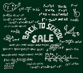 Vector background. Illustration in the style of doodles. Back to school. Lettering, scientific formulas, drawings on a green Board.Scientific and educational base. For notebooks, notebooks, postcards.