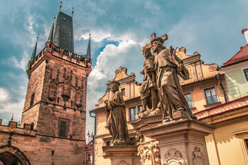 Naklejka premium Scenic view of historical center Prague, Charles bridge, and buildings of the old town, Prague. is the capital and largest city in the Czech Republic, the 13th largest city in the European Union.