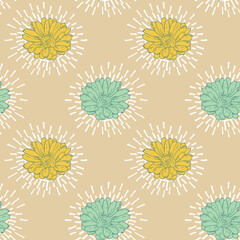 Fototapeta na wymiar Green and yellow hand drawn flowers on cream background, seamless vector pattern