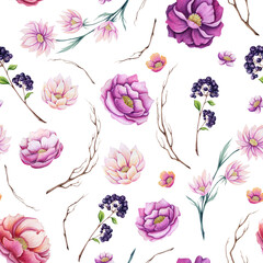 Seamless Pattern of Watercolor Flowers and Tree Branches