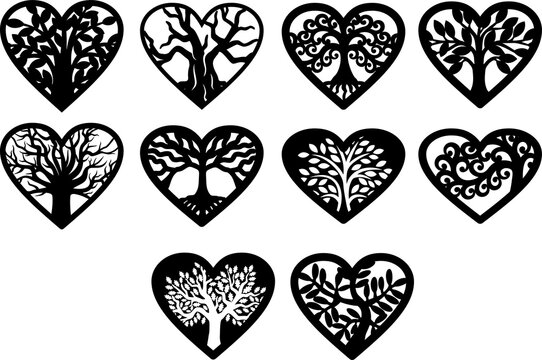 Tree Inside Heart, Tree of Life Laser Cutting Template Trees Silhouettes