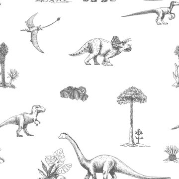 Beautiful vector seamless pattern with cute dinosaurs. Stock illustration.