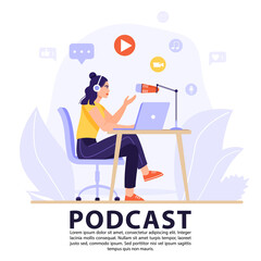 Podcast or interview concept. Podcaster recording podcast in studio with microphone and headphones. Vector banner illustration.