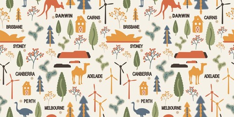Background with wind farm, Canberra, Sydney Opera House, kangaroo, ostrich, camel, desert and cactus. Australia seamless pattern with simbol animals, city names for textile. Vector stock illustration